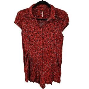 Free People Red Romper Shorts Womens Small Floral Boho Chic Cottagecore Prarie